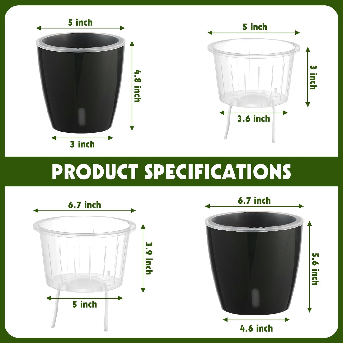 KvyusFlourish Self Watering Pots for Indoor Plants, 12-Pack 5'' Self Watering Planter with Drainage Holes, Small African Violet Pots with Water Level Indicator, Clear Wick Pot, Black