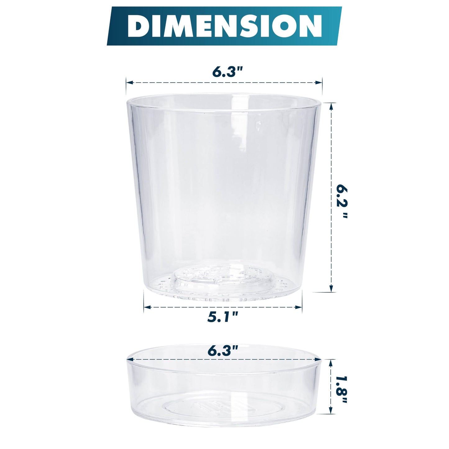 Phoenix Vine 6.5 Inch Clear Acrylic Planter Pot with Tray, Orchid Pot with Drainage Holes, Deep Saucer for Bottom Watering, Transparent Containers for Indoor Plants, Herbs, Set of 4, 91-A-F-4