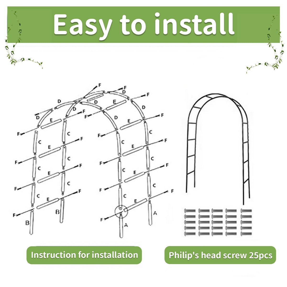 Garden Arch Trellis for Climbing Plants Outdoor Metal Trellis Wedding Arch Frame Assemble Freely 2 Sizes for Roses Vines Bridal Party Decoration, Black