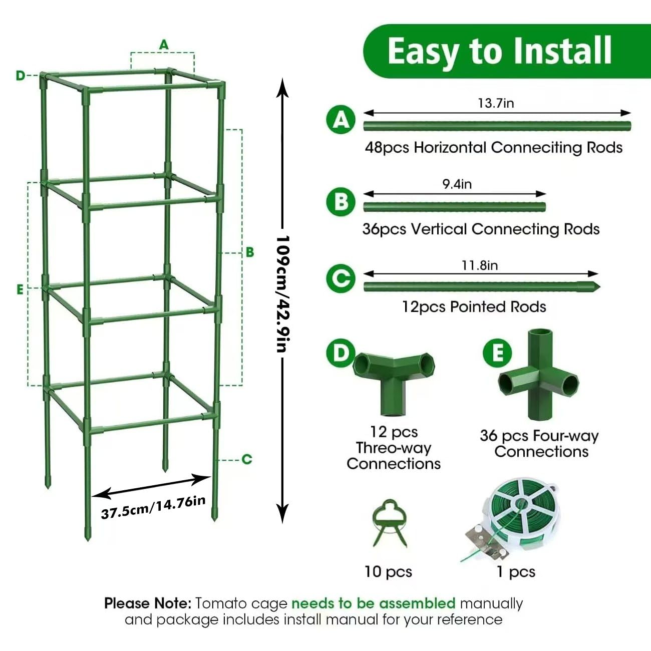 SHCCPPJ 3 Pack Tomato Cages, 42 Inch Heavy Duty Square Tomato Cage for Raised Garden Bed, Rust-Proof Sturdy Tall Tomato Trellis Supports for Climbing Plants Outdoor with Clips Wire