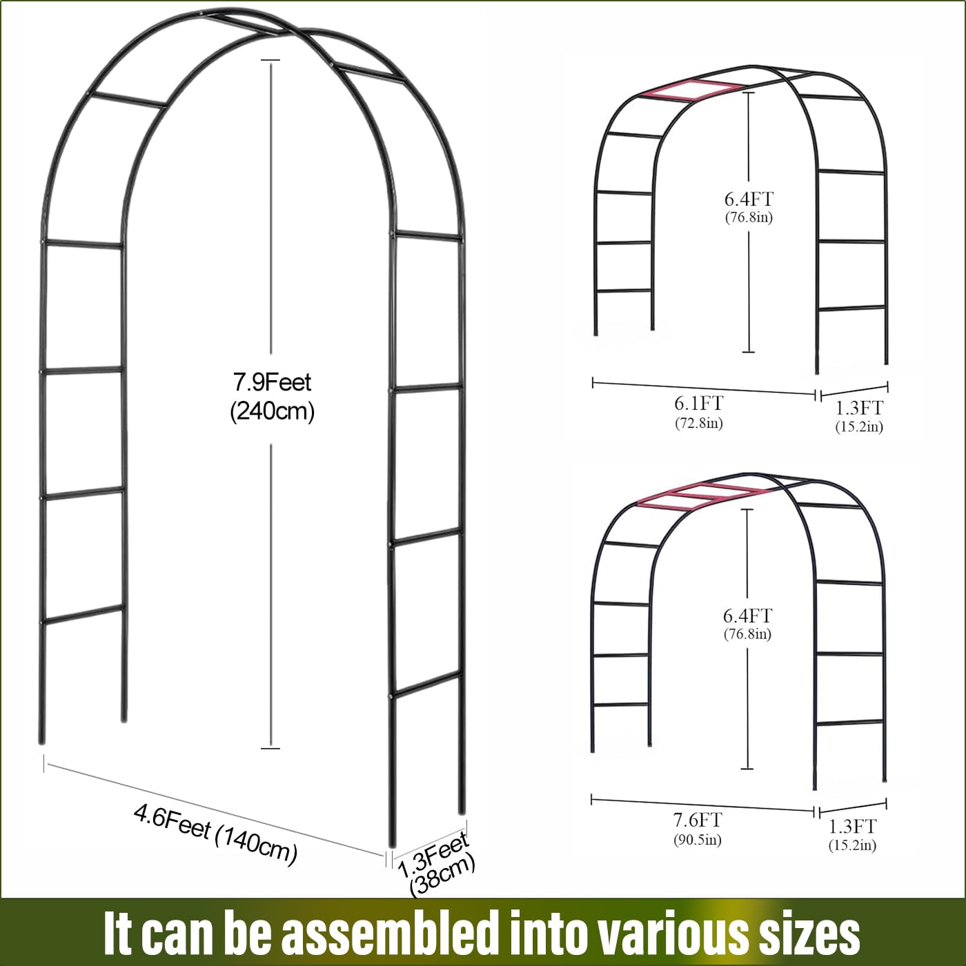 Metal Pergola Arbor 7'6"Wide x 6'5'High/4'6"Wide x 7'10"High,Assemble Freely 2 Sizes,Wide Wedding Garden Arbor Bridal Party Decoration Arbor