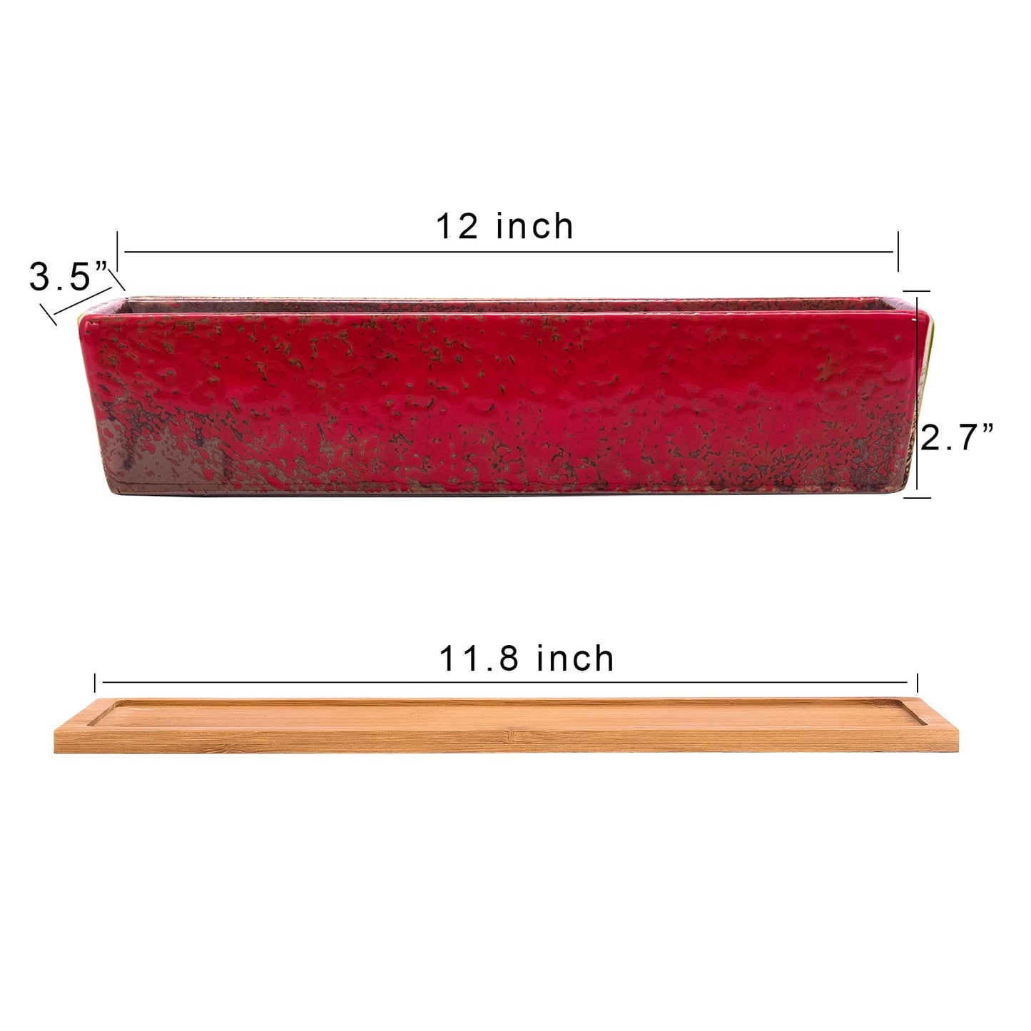 Succulent Pots - Large Succulent Planter Pots with Drainage, 12 Inch Long Rectangle Bonsai Pot with Bamboo Tray Shallow Ceramic Cactus Flower Planter Window Box for Home Garden Decor (Red)