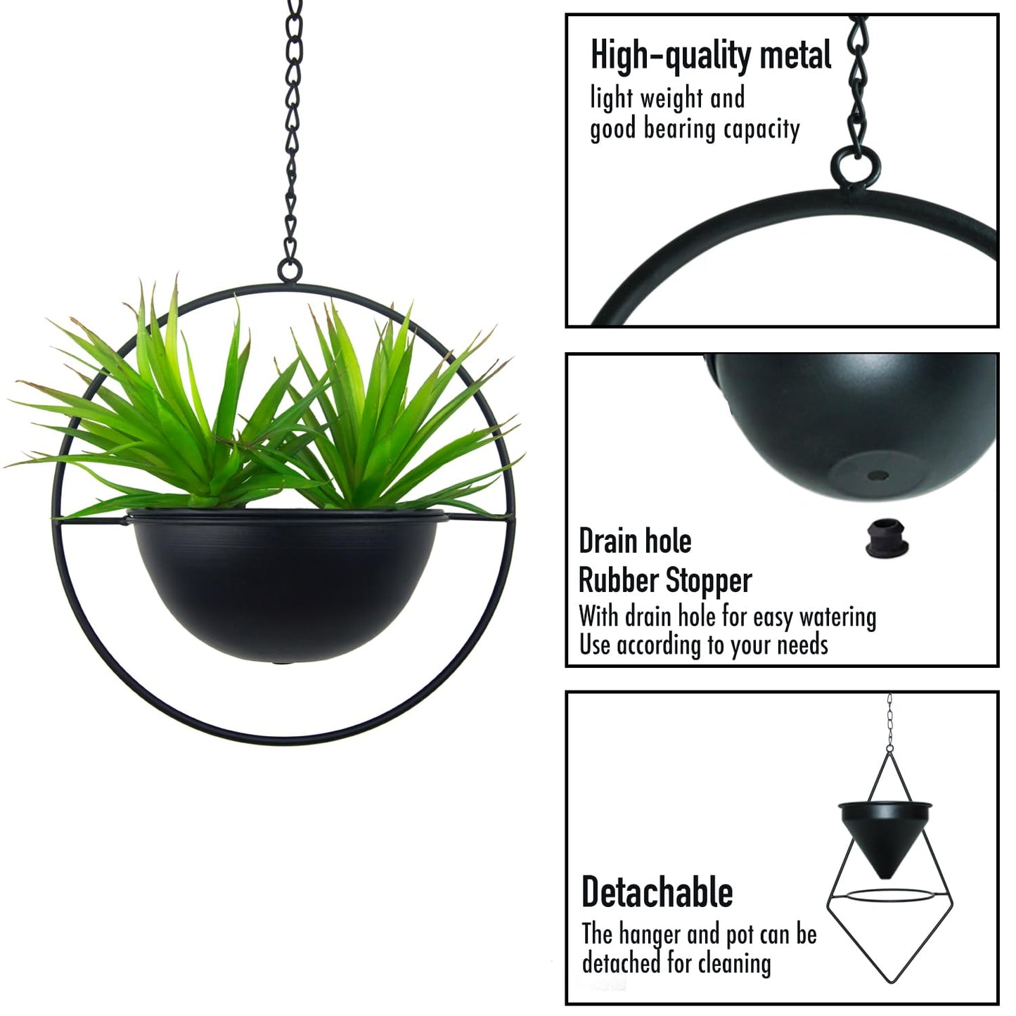 Metal Hanging Planters Set of 2 Modern Indoor Plant Hanger with Round and Diamond Pots, Geometric Small Wall and Ceiling Hanging Plant Holders for Succulents and Herbs, Black Finish