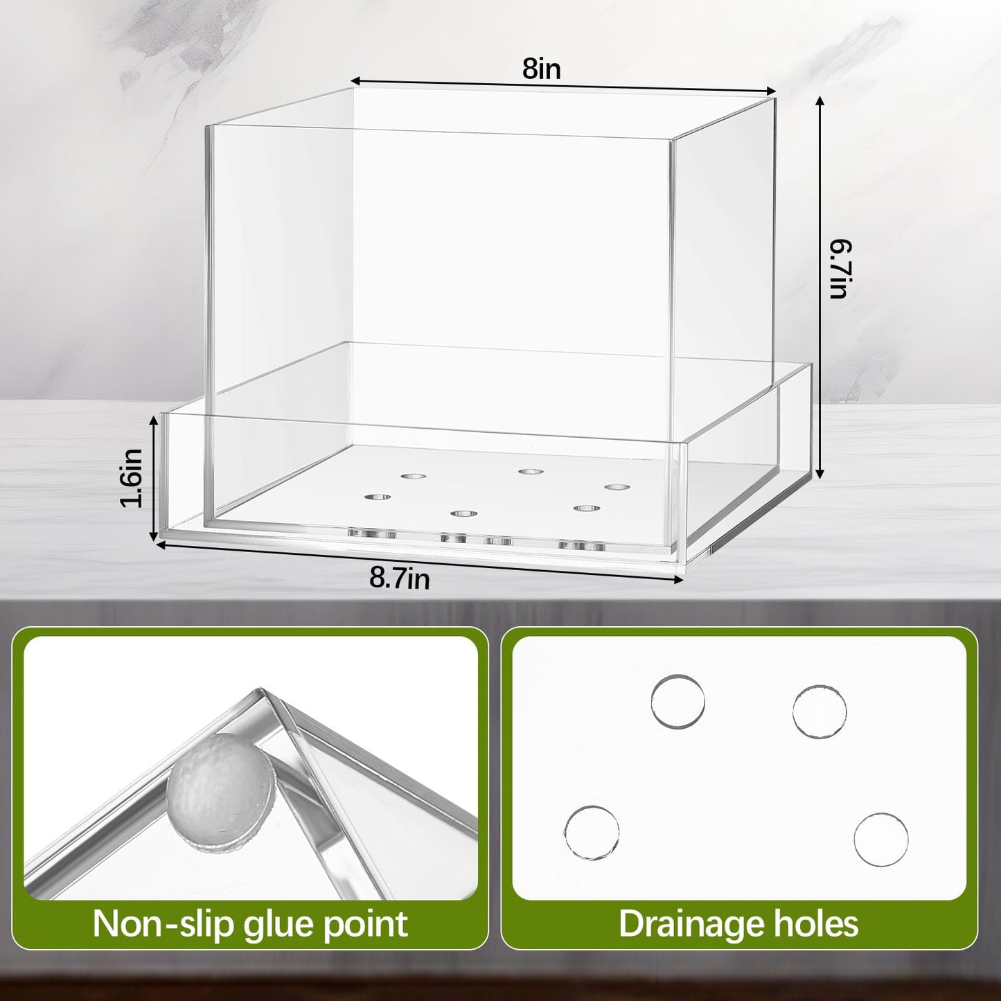 Sunnychicc Clear Plant Nursery Pots Acrylic Orchid Pots with Drainage Holes and Tray Transparent Planter for Indoor Plants, Succulents, Herb, Flowers and Cactus Decorative(8 Inches,Square)