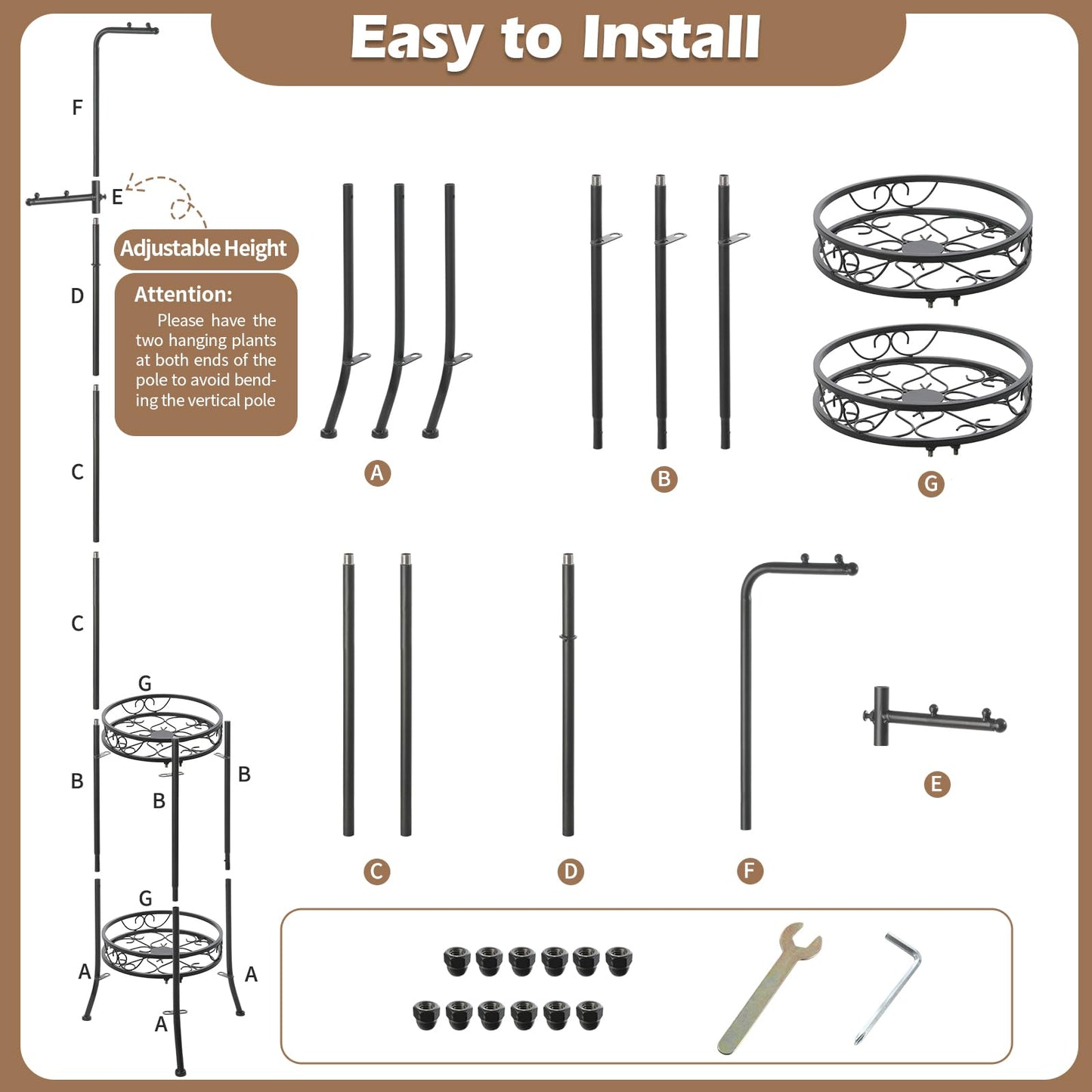 CZWL&HG Hanging Plant Stand Adjustable 2-Tier 72" Metal Shelf -Tall Indoor/Outdoor Plant Rack with Hangers for 4 Potted Flowers, Corner Shelf for Living Room & Patio (White)