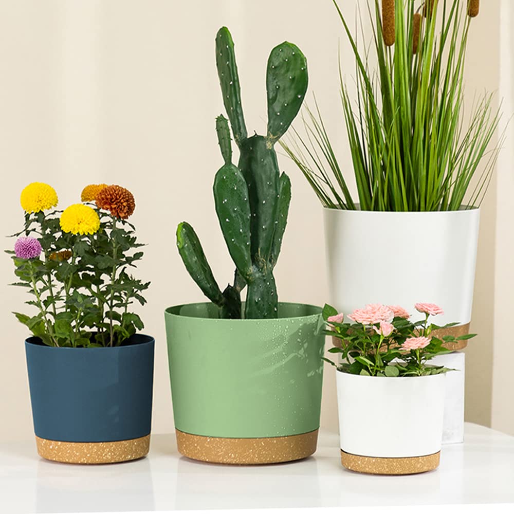 ZMTECH Spring Planters for Indoor Plants, Plant Pots & Flower Pots, Plastic Planter 3 Pack 8 Inch Self Watering with Drainage Hole and Saucer, Modern Decorative Indoor Outdoor, Dark Gray White Green