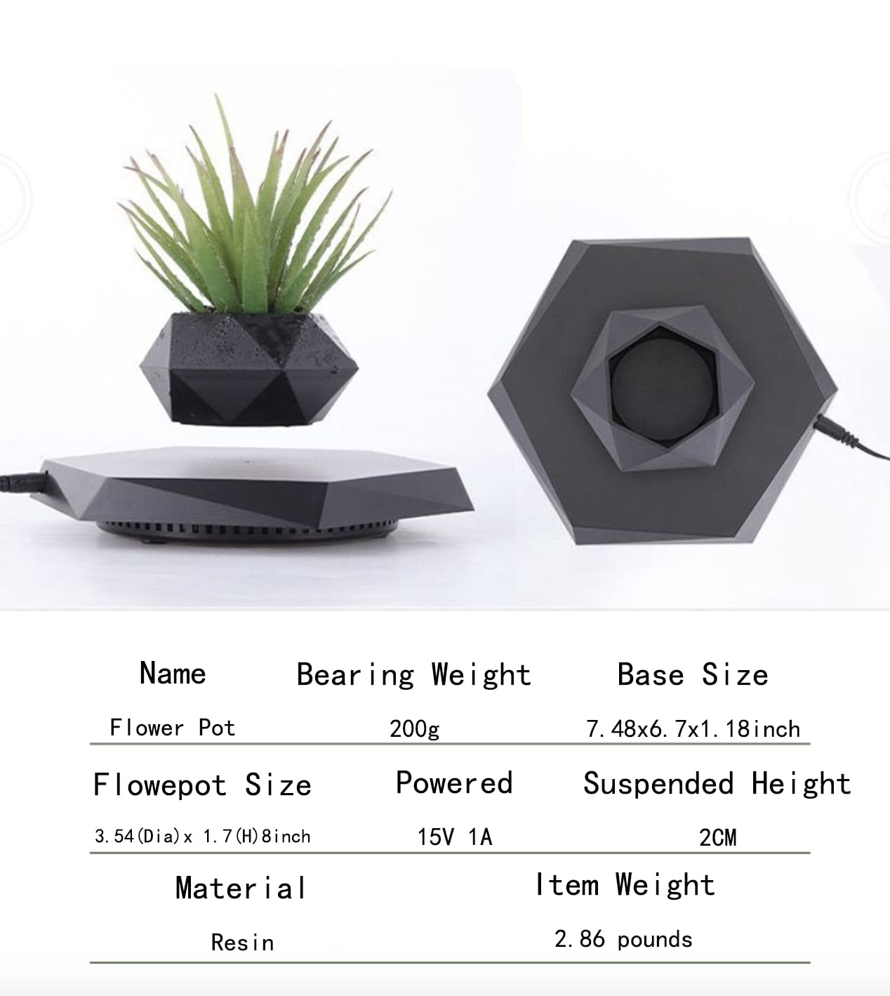 GUIYING Magnetic Levitating Flower Pot Air Bonsai Black Hexagon Suspension Floating Plant Pot 360 Degree Rotation Pot Home and Office Desk Decor