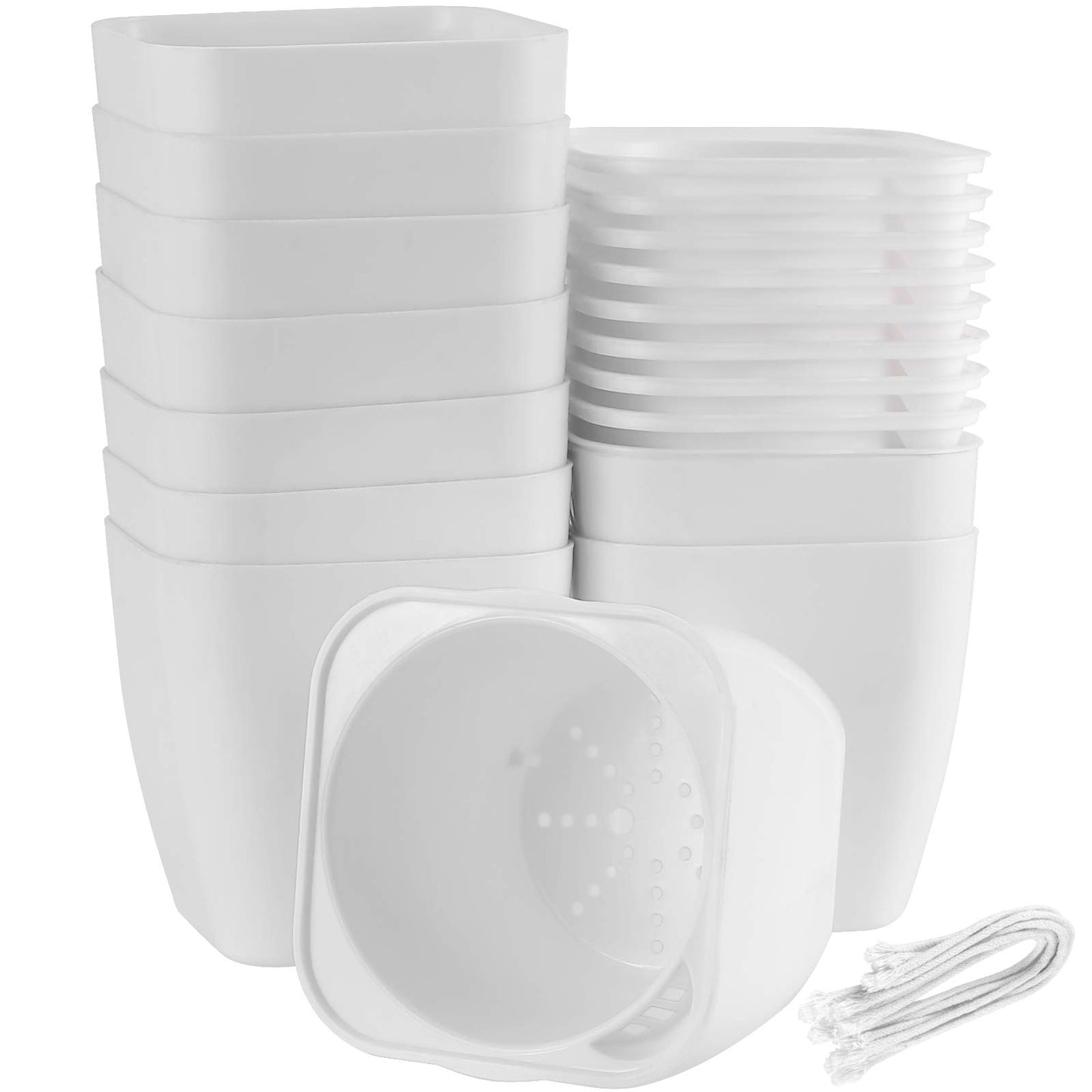ZEONHAK 5 Inches Self Watering Planter, 10 Pack Plastic Self Watering Pots with 10 Wick Ropes, Wicking Flower Pots for Violets, Ocean Spider Plant, Orchid, Plants, Flowers, White
