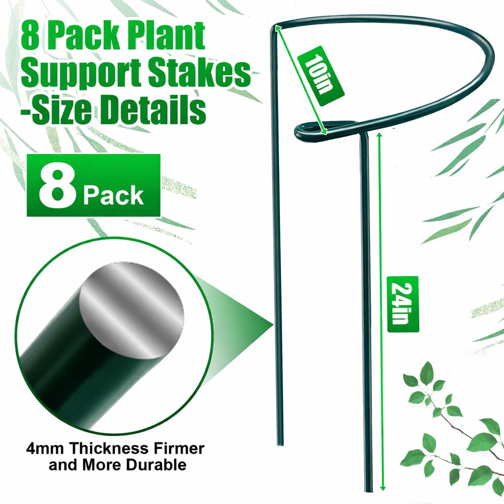 Peony Cages and Supports, 8 Pack Large Half Round Plant Support Cage 10" x 24", Heavy Duty Garden Plant Stakes for Indoor & Outdoor Plants, Peonies, Hydrangeas, Tomatoes & Flowers
