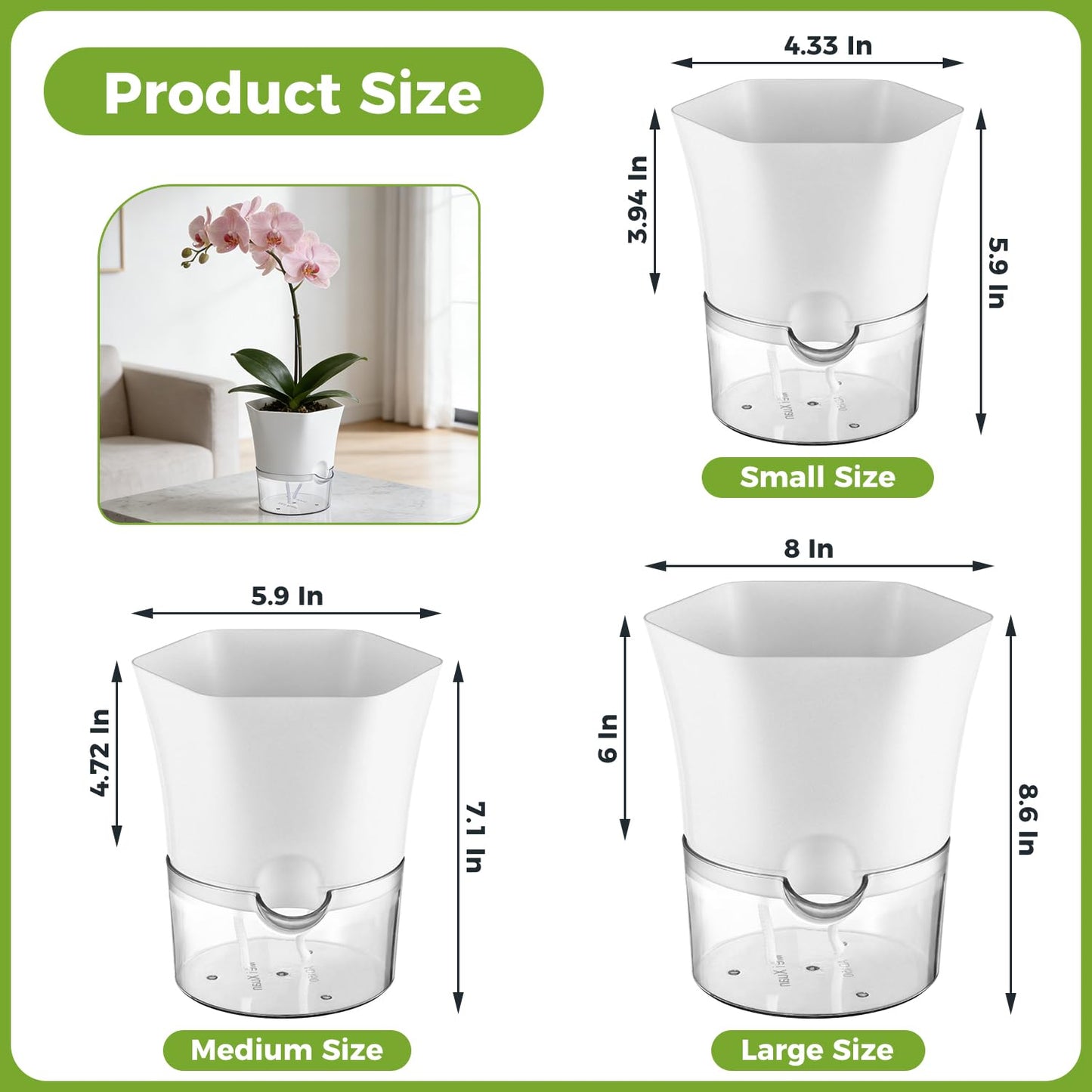 6-Pack 6" Clear Self Watering Pots for Indoor Plants Large Hexagon Self-Watering Planters Orchid Pots Plastic Wick Flower Plant Pots for African Violet, Spider, Herbs, Home Decor, White and Clear