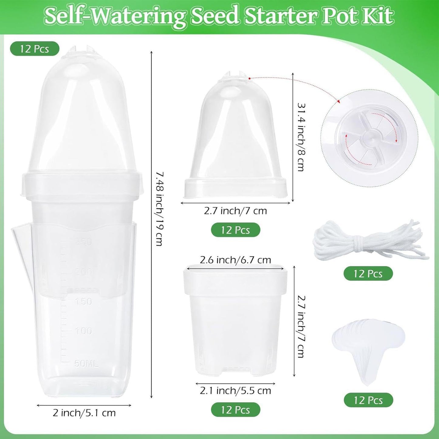 Self Watering Pots, 12 Pieces Clear Indoor Planter, 2 Inch Nursery Pots with Humidity Dome, Adjustable Vent and 150ml Reservoir for Cuttings, Balcony