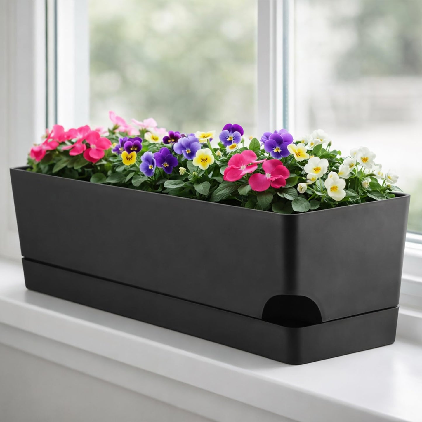 Party Zealot Self Watering Pots for Indoor Plants, 3 Pack Window Boxes Planters 17 Inch Rectangular Planter Rectangle Flower Pots Long Plant Pot Large Window Sill Herb Planter Box, Black