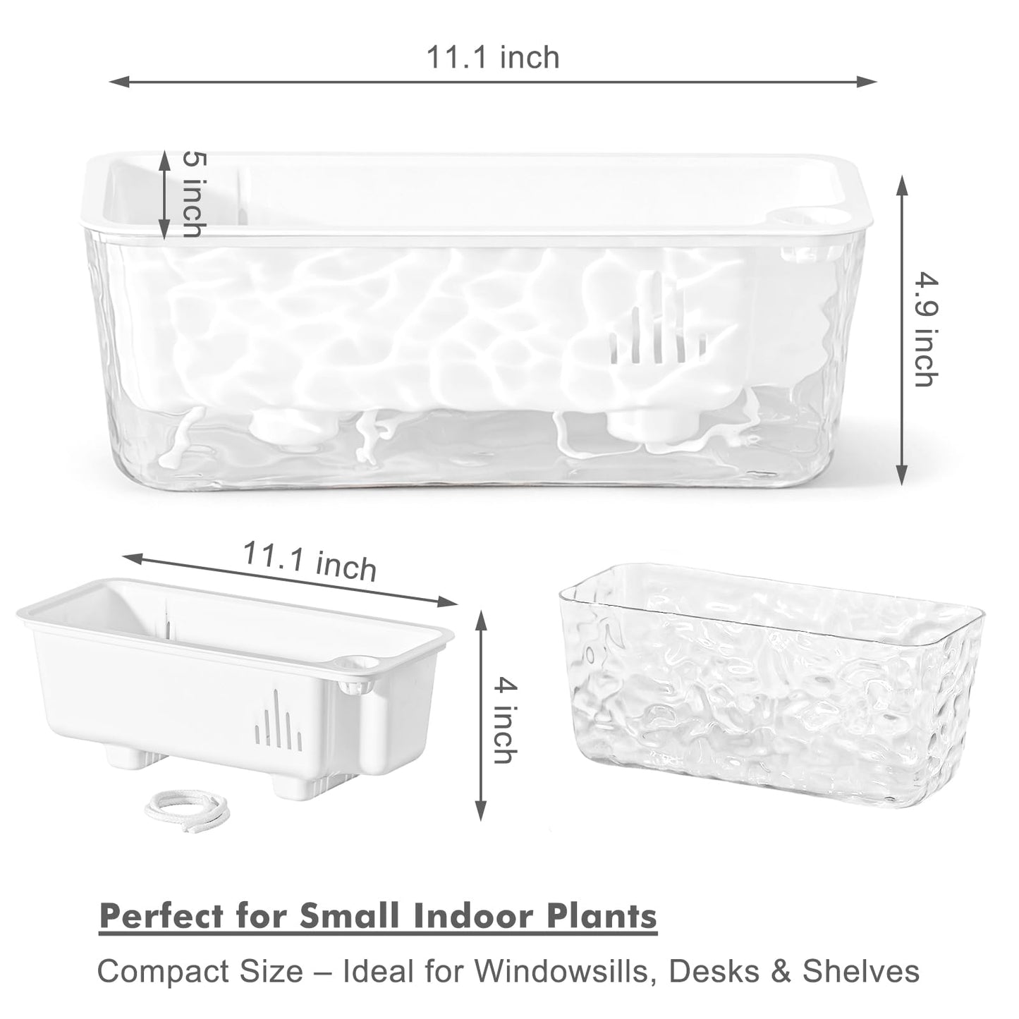 Self Watering Pots for Indoor Plans, 4 Packs Window Boxes Planters Rectangle Self Watering Planter 11 in Rectangular Clear Plant Pots Long Herb Windowsill Planter Flower Box Succulent Planters