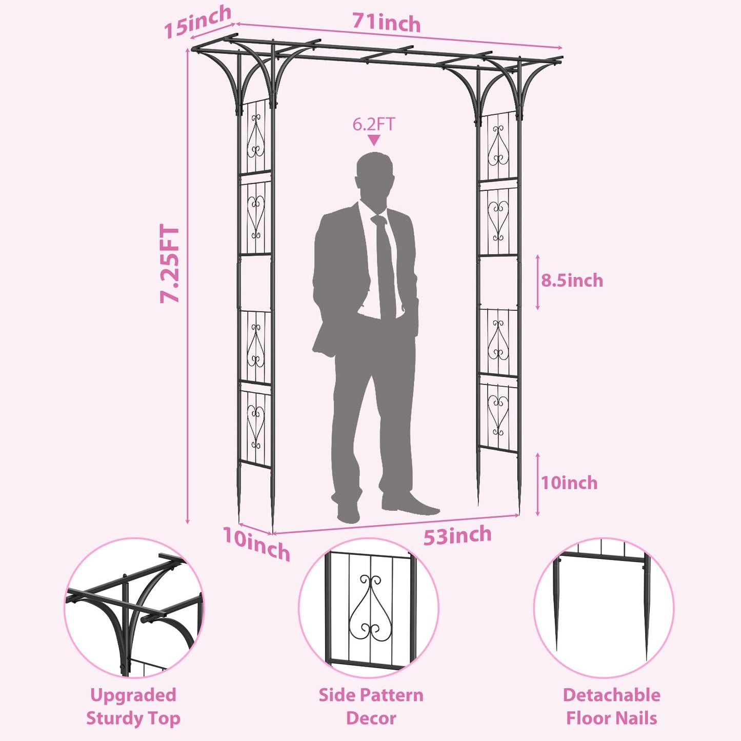 Garden Arch Trellis 7FT Wedding Arch Backdrop Stand,Metal Garden Arbor Trellis for Plant Climbing Outdoor, Plant Arch with Anchored Pile, Flower Arch Stand Balloon Decor,Archway Pergola