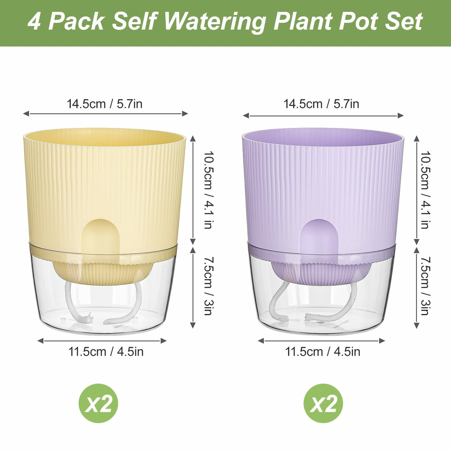Samhe Self Watering Pots for Indoor Plants, 4 Pack 5.7 Inch Flower Pots with Deep Reservoir & Drainage Holes, Yellow Purple Plastic Planters with Water Level Window for Succulents Orchids