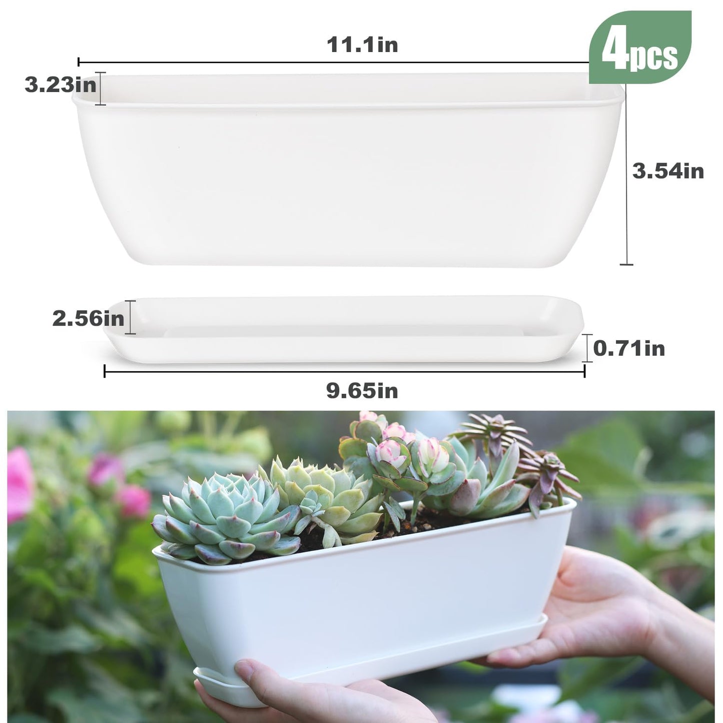 Oliz 4-Piece White Rectangular Window Sill Planters with Drainage Holes and Trays (11 Inches) for Basil, Orchids, and Succulents Modern Herb Garden Planters Suitable for Indoor/Outdoor Plants