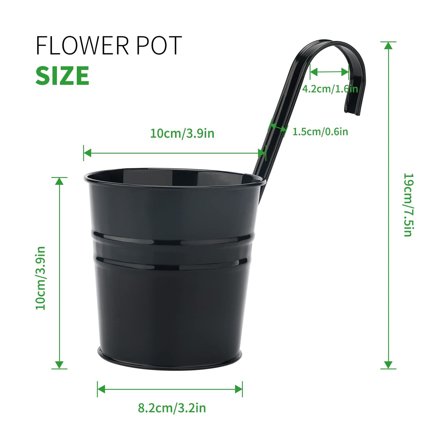 KINGLAKE Flower Pots,10 Pcs Metal Iron Hanging Flower Plant Pots Balcony Garden Plant Planter Baskets Fence Bucket Pot 4'' Flower Holders with Detachable Hook Black