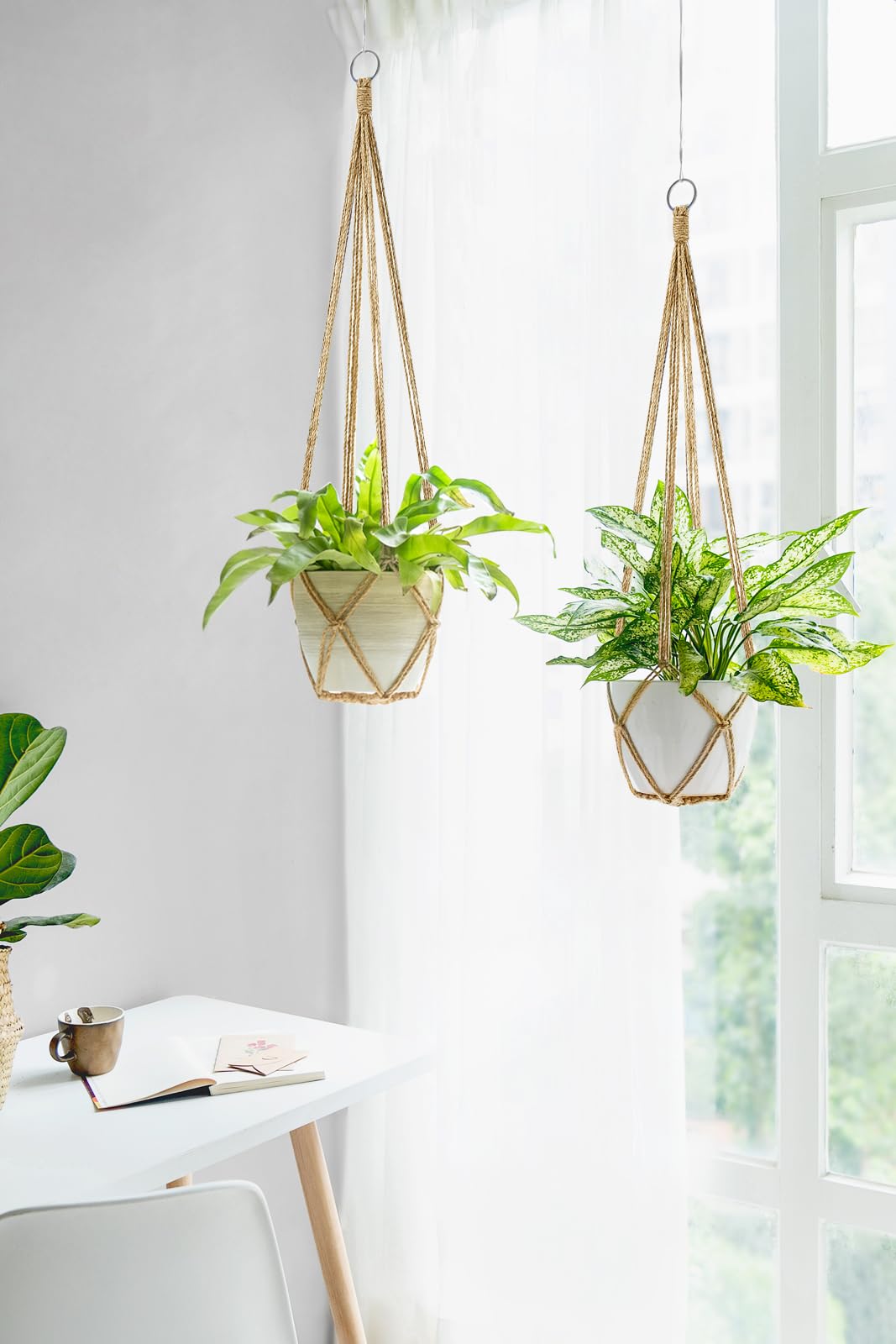 Dahey Set of 2 Macrame Plant Hanger Indoor Hanging Planter Basket with Hooks Flower Pot Plant Holder No Tassels for Boho Home Decor, 35 Inch
