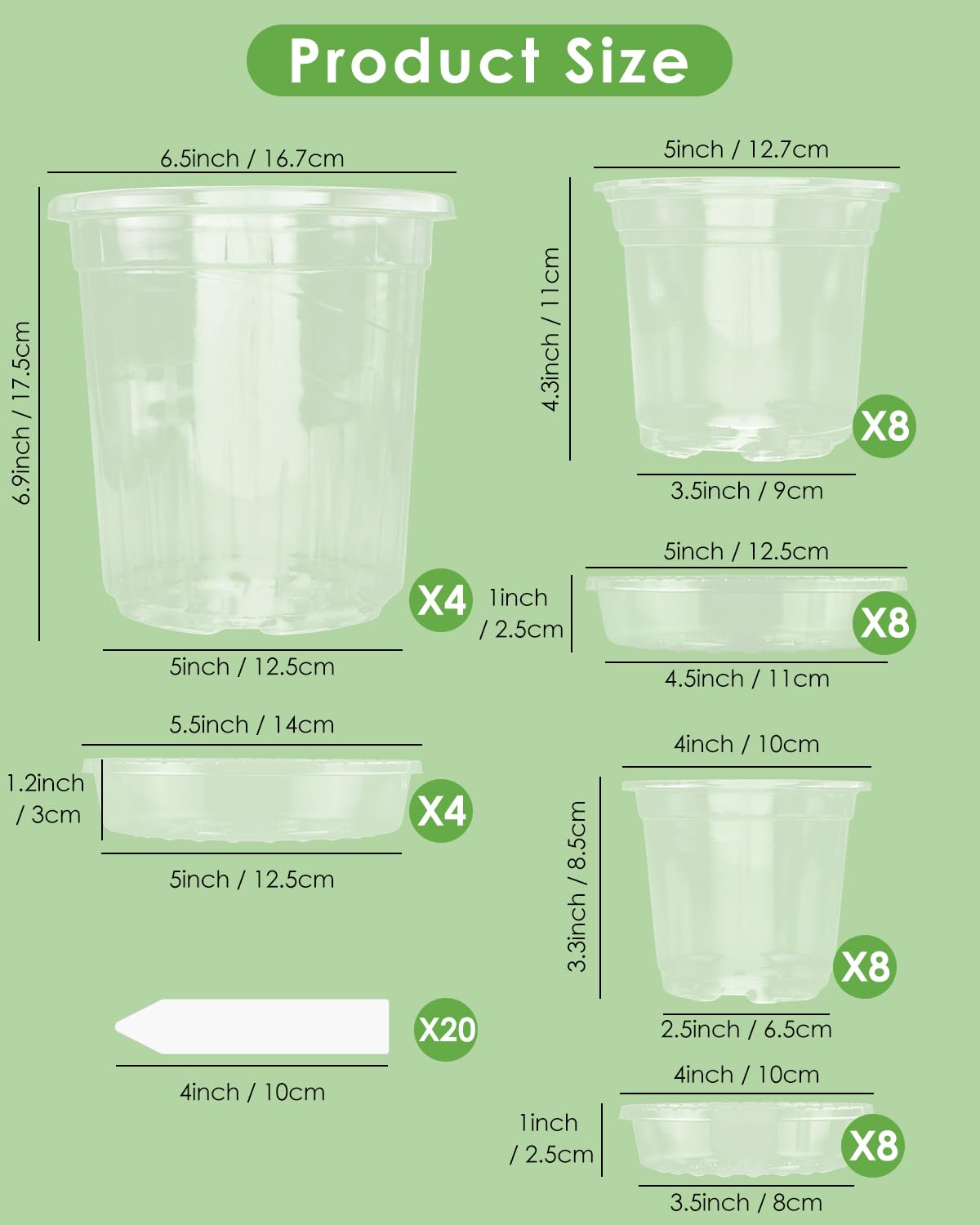 PACETAP 20Pack 6.5/5/4 Inch Reinforced Clear Nursery Pots with 20Pack Sacuers, Thickened Plastic Plant Pots with Drainage Holes, Transparent Plants Seed Starter Pot for Indoor Outdoor Garden