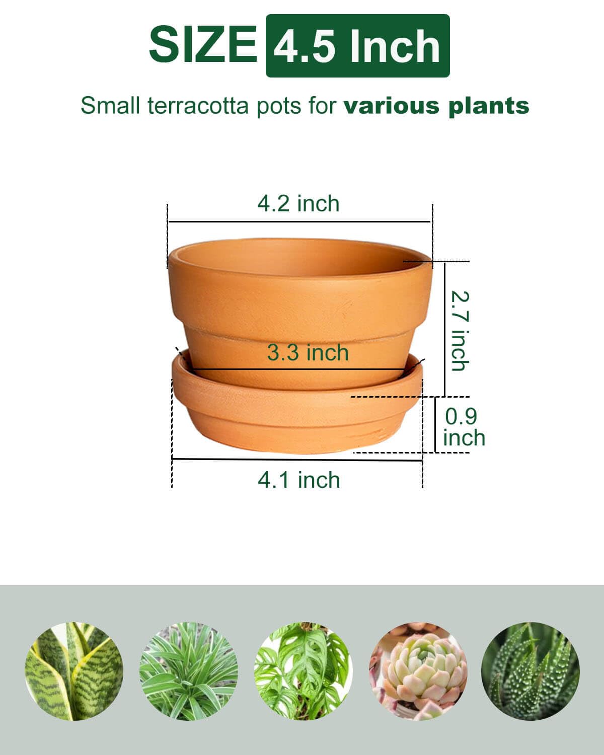 4.5 Inch Shallow Terracotta Plant Pots - 6 Pack Small Clay Flowerpot with Drainage Hole, Terra Cotta Succulent Pot for Indoor Outdoor Plants