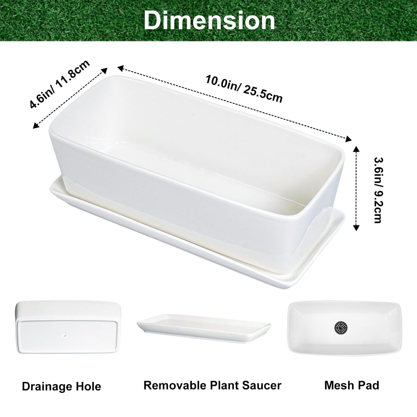 SQOWL Rectangular Planter - 10 Inch Ceramic Pots for Plants with Drainage Hole and Saucer, Succulent Pots for Indoor Outdoor, Cactus Herb Planter, Home Decor, Gifts for Plant Lovers, Glossy White