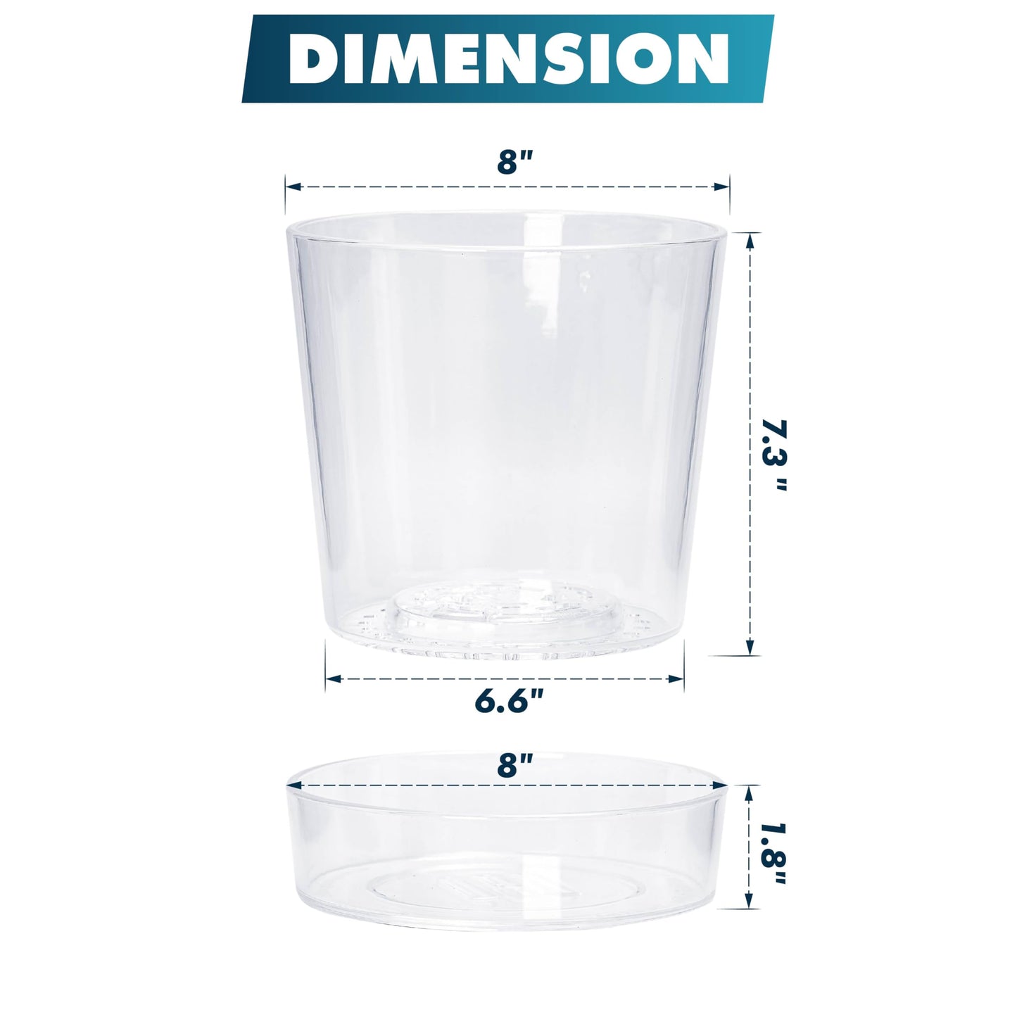 Phoenix Vine 8 Inch Clear Acrylic Planter Pot with Tray, Orchid Pot with Drainage Holes, Deep Saucer for Bottom Watering, Transparent Containers for Indoor Plants, Herbs, Set of 1, 91-A-G-1