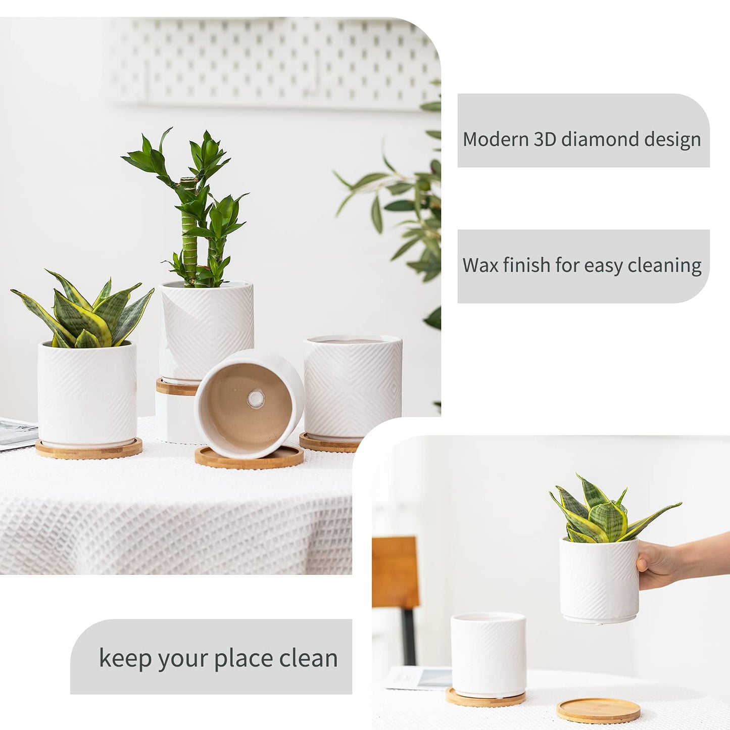 4 Inch Ceramic Planter with Drainage Hole and Saucer, Geometry Design Succulent Plant Pots, Flower Pot for Indoor & Outdoor Snake Plant Succulent Cactus & Herbs, Set of 4 (Plants Not Included )