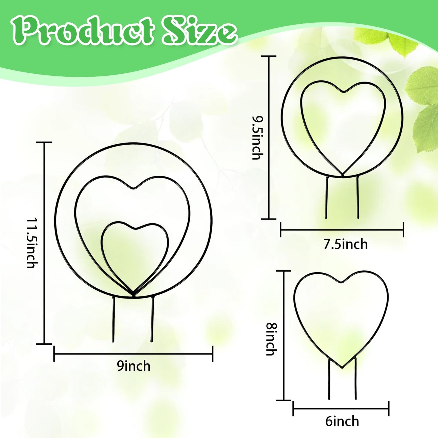Hoya Trellis 3 Size Indoor Plants Flower Support Stakes Round or Heart Metal Trellis Set Garden Tool Accessories for Small Potted Vine Climbing Houseplants (BlackCH)