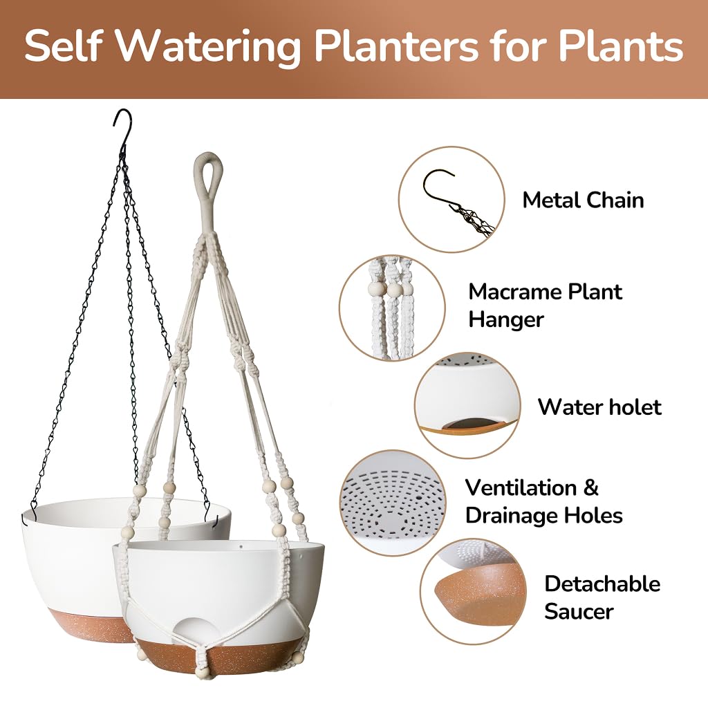 LESOASIS 12 Inch Hanging Baskets for Plants Outdoor, Hanging Planters for Indoor Outdoor Plants, Hanging Planter with Self Watering, Hanging Flower Pots (White Planter with Macrame + Iron Hangers)