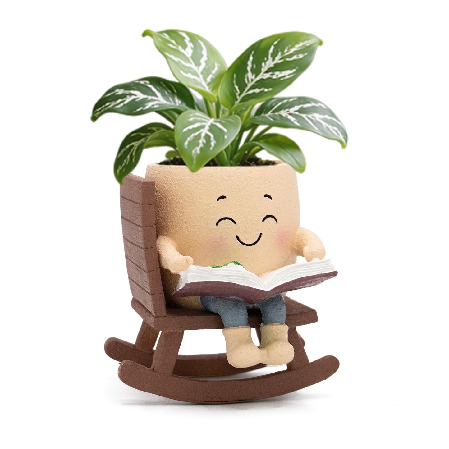 Toparad Smily Face Rocking Chair Reading Book Planter Pots with Drainage Hole, Cute Resin Flower Head Succulent Planters for Indoor Plants, Gift IdeaI for Mother Birthday Christmas