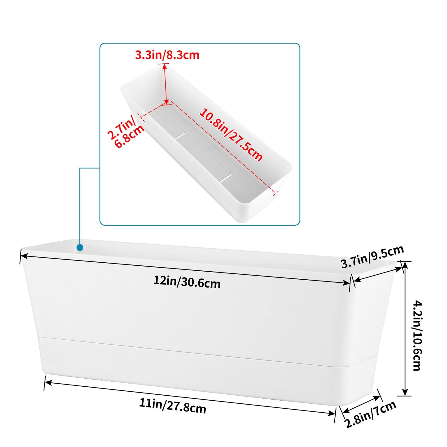 Sanbege Window Box Planter with Tray, 12" Rectangle Plant Pot, Pack of 3 (White)