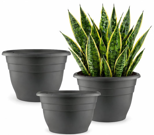 RooTrimmer 3 Pack 11 Inch Plant Pots with Drainage Hole and Plug,Plastic Flower Pots for Indoor & Outdoor Plants,Lightweight Plant Pots Perfect for Herbs,Flowers & Succulents(Gray)