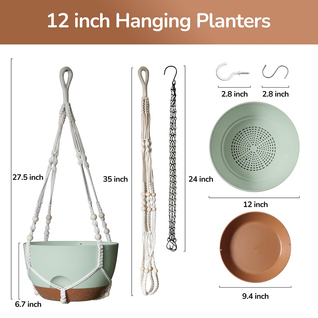 LESOASIS 12 Inch Hanging Baskets for Plants Outdoor, Hanging Planters for Indoor Outdoor Plants, Hanging Planter with Self Watering, Hanging Flower Pots (Green Planter with Macrame + Iron Hangers)