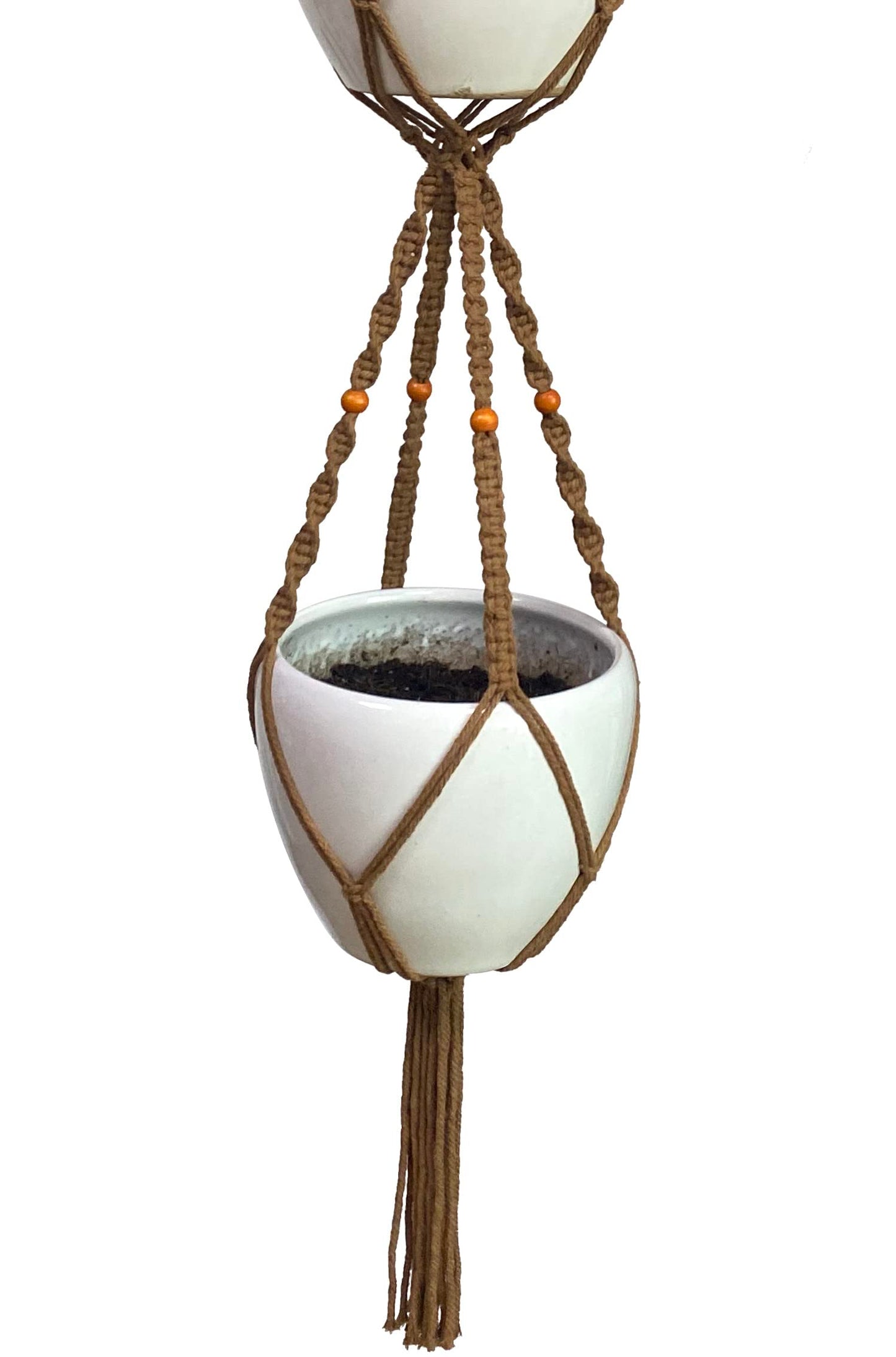 Macrame Plant Hanger & Holder, Hanging Planter 4 Legs Double Deck for 8 inch to 10 inch Two Pots Indoor Outdoor Hanging Planter Hemp Rope 67 Inch with Metal Ring (Brown)