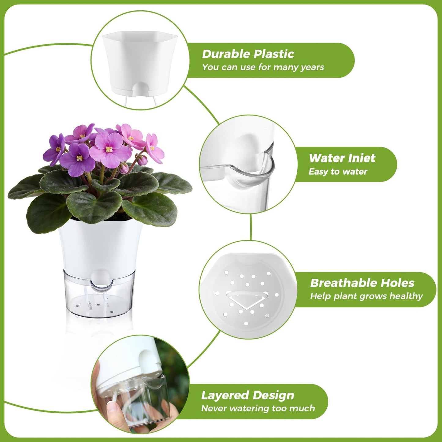 10-Pack 6" Clear Self Watering Pots for Indoor Plants Large Hexagon Self-Watering Planters Orchid Pots Plastic Wick Flower Plant Pots for African Violet, Spider, Herbs, Home Decor, White and Clear