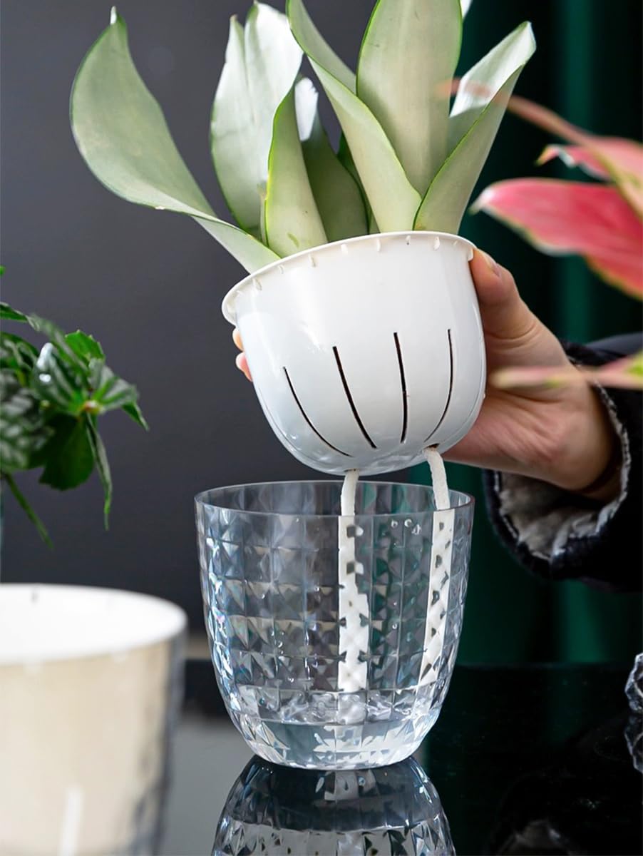 XKYQSY 4 Pack 4 inch Self Watering Pots Planters for Indoor Plants, African Violets Pots with Wick Rope, Modern Plastic Nursery Pots for All House Plants,Flowers Succulents,Herbs,Cactus,Orchids