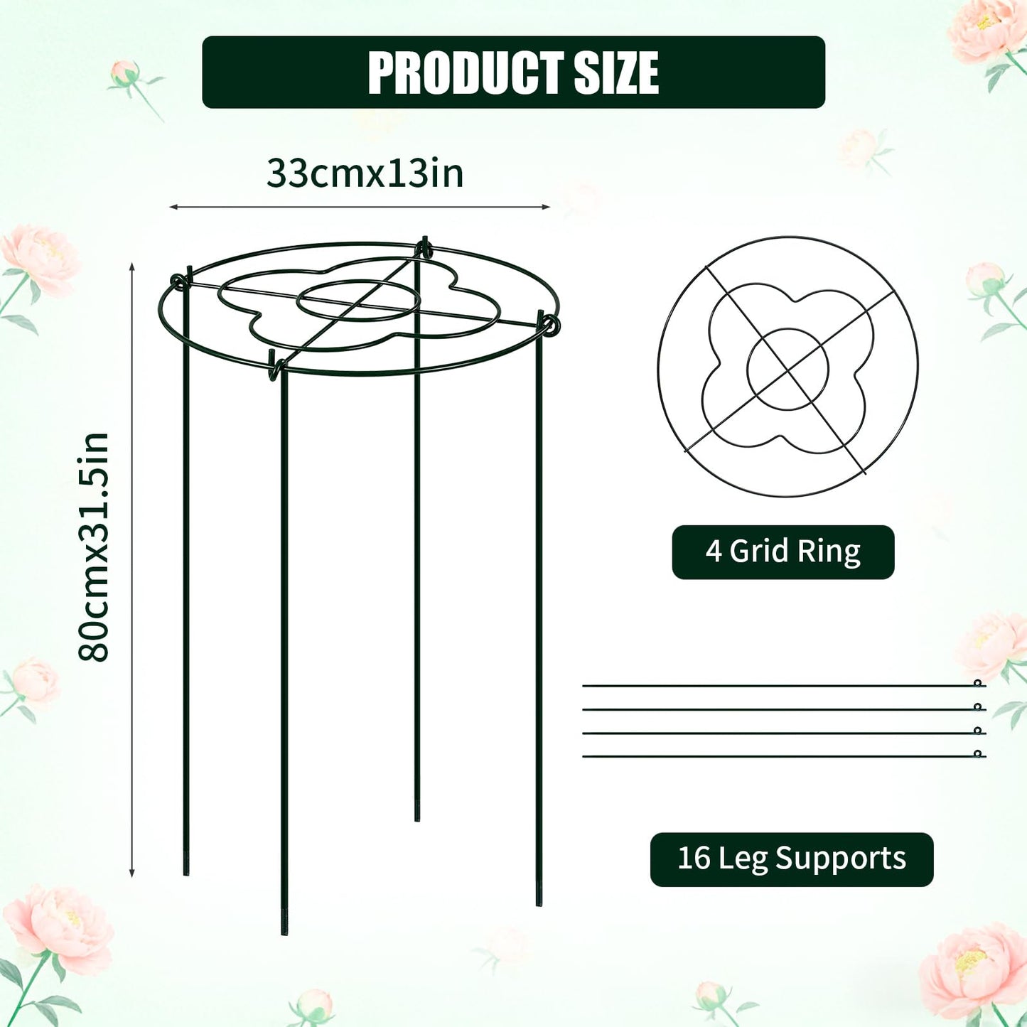 4 Pack Peony Cages and Supports, Grow Through Flower and Plant Supports, 13" Dia x 31.5" High Metal Peony Rings Hoops with Stake, Peony Support Cage for Dahlia, Rose Bush, Hydrangeas, Peonies, Tomato