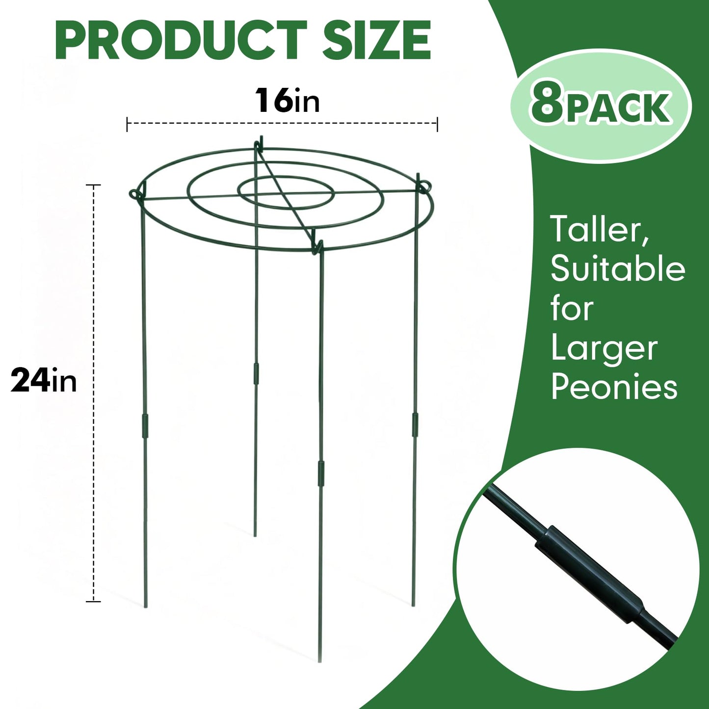 KEOHOLI 8 Pack 11.5" Dx24 H Pack Peony Cages Set Higher Peony Cages and Supports Heavy Duty Metal Plants Support Cage for Outdoor Green Support Rings for Flower Strawberry Tomato Hydrangeas