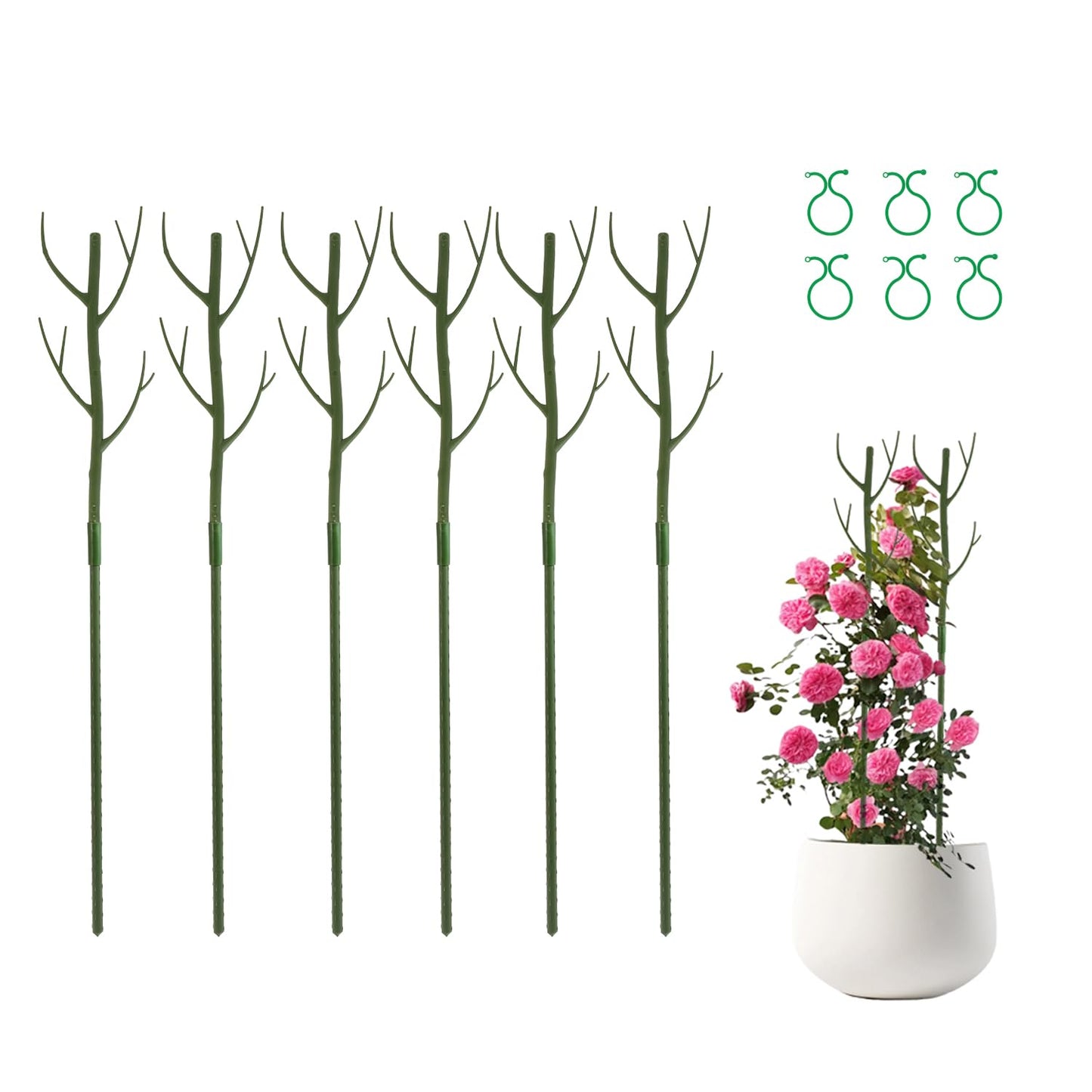 28 Inch Garden Plant Trellis for Indoor Plants, 6 Pack Plastic Trellis Support Stakes for Climbing Plants or Houseplants, Branch Shaped, Green