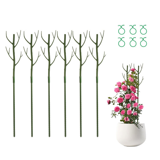 28 Inch Garden Plant Trellis for Indoor Plants, 6 Pack Plastic Trellis Support Stakes for Climbing Plants or Houseplants, Branch Shaped, Green