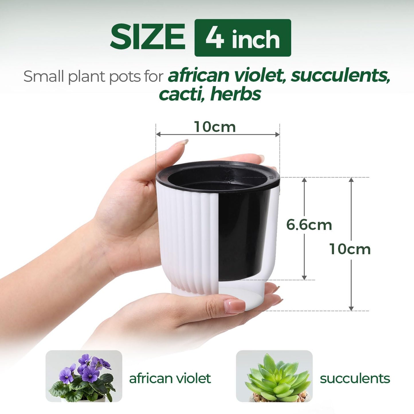 T4U 4 Inch Plant Pots Self Watering, 6 Pack African Violet Pots, Small Plant Pots for Plants, Small Indoor Plant Pot, Self Watering Planter for African Violet, Succulents (6 Pack, 4", White)