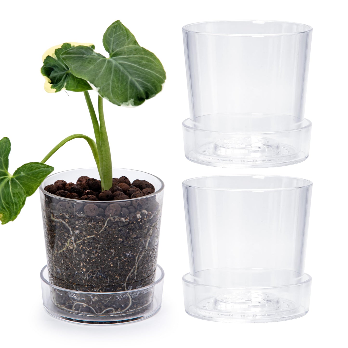 Phoenix Vine 4.5 Inch Clear Acrylic Planter Pot with Tray, Orchid Pot with Drainage Holes, Deep Saucer for Bottom Watering, Transparent Containers for Indoor Plants, Herbs, Set of 3, 91-A-E-3