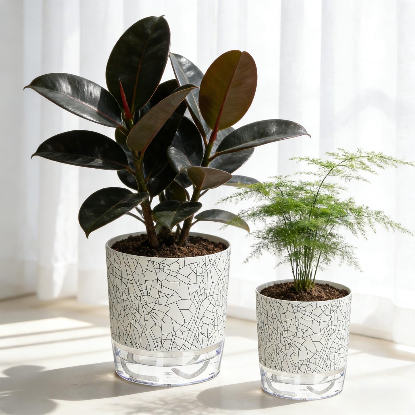 Samhe Self Watering Pots for Indoor Plants, 4/5.5 Inch Crackle Pattern Planters with Clear Water Reservoir & Wick System, 4 Pack Plastic Flower Pots for Succulents, Herbs, African Violets