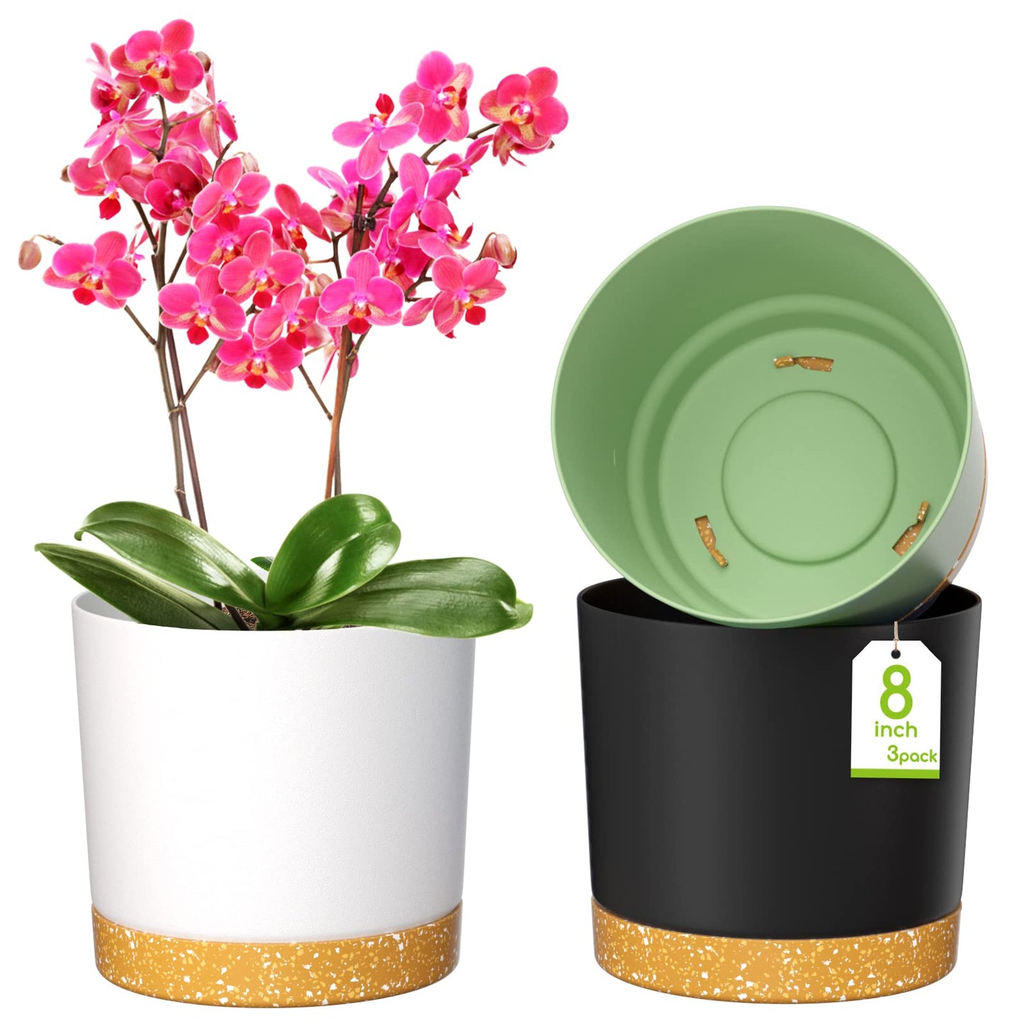 ZMTECH Spring Planters for Indoor Plants, Plant Pots & Flower Pots, Plastic Planter 3 Pack 8 Inch Self Watering with Drainage Hole and Saucer, Modern Decorative Indoor Outdoor, Dark Gray White Green