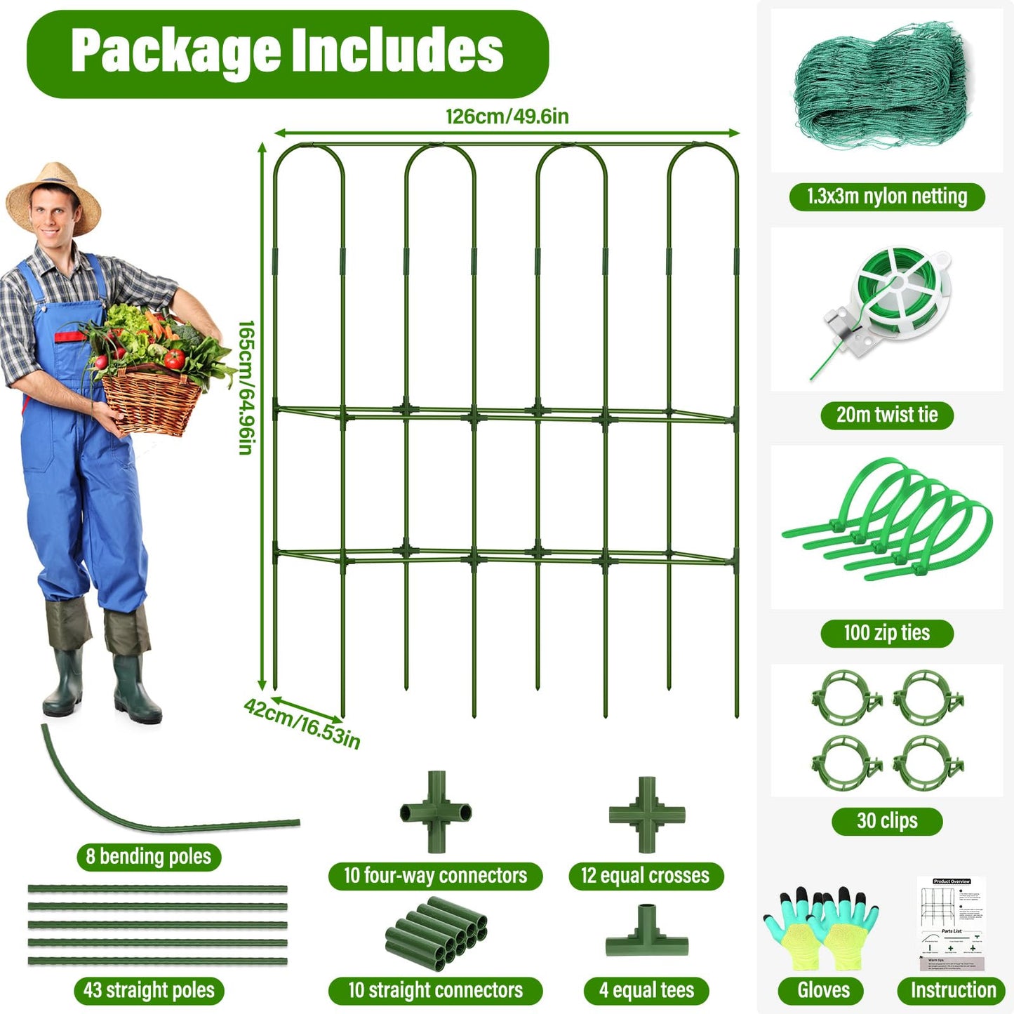 Cucumber Trellis for Raised Bed, Tall Metal Garden Trellis for Climbing Plants Outdoor with Netting, Gloves, Garden Tools, Trellis for Vegetables Plant Support Peas Fruit Flower Grape