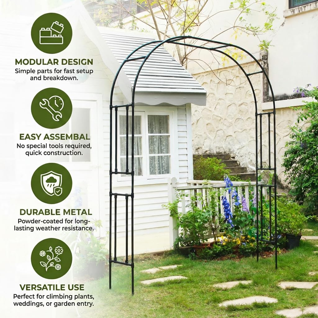 FLOHOVER Garden Arch Trellis, 95.8" H x 70.9" W Garden Arch Arbor for Climbing Plants Outdoor, Lightweight Metal + PE Coated Archway Trellis, Rose Support Frame for Flowers, Black