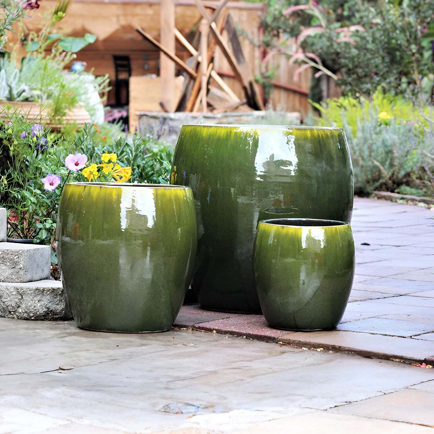 PLANTATOREM Jams Planter Set of 3 - Ceramic Plant Pots with Elegant Glaze Finish, Fern Green, Various Sizes - Indoor and Outdoor Use with Water Control, Perfect for Succulents and Flowers