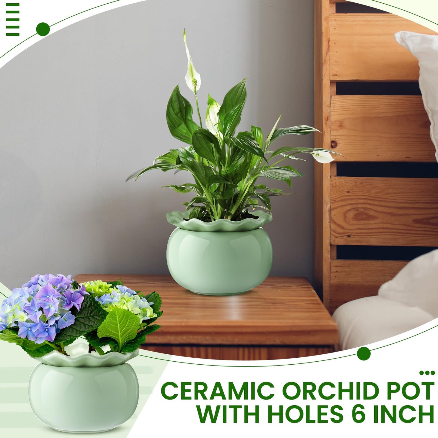 Suclain 2 Pack Ceramic African Violet Pots Self Watering Plant Pot Effortless Self Watering Plant Flower for Busy Lovers, Indoor(Green,6 Inch)