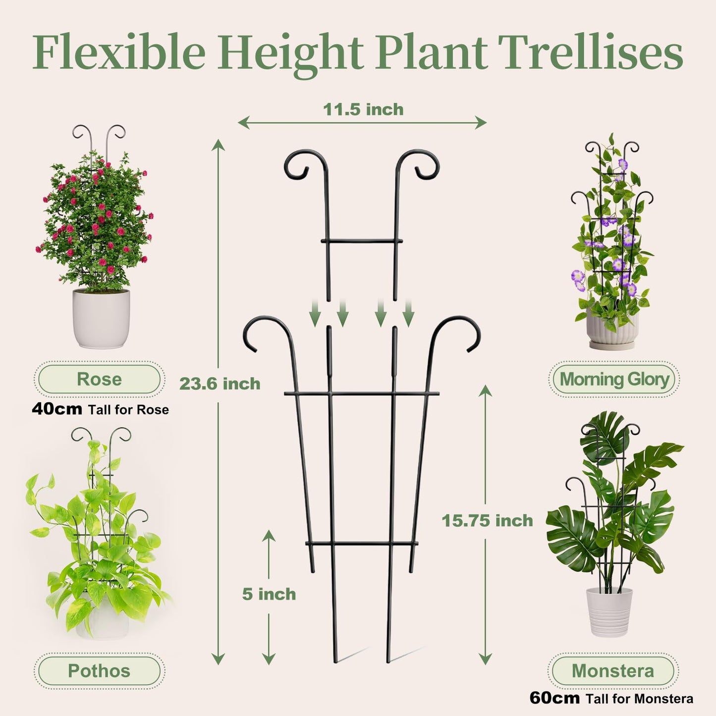 4-Pack 23.6 Inch Tall Metal Plant Trellis for Climbing Plants Indoor - Garden Trellis for Potted Houseplants, Plant Support for Ivy, Pothos, Monstera, Hoya, Flower Vines (Black, 23.6inch/4 Pack)