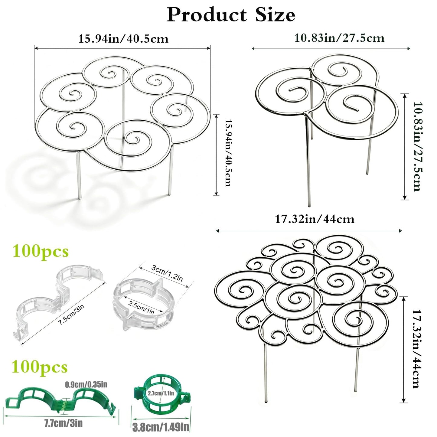 Frcychri Peonies Cages Supports, Heavy Duty Peony Plant Support Rings, Rustproof Silver Metal Grow Through Ring with 200PCS Plant Support Clips, Outdoor Indoor Pots Peony Gladiolus Tomato 1pcs,Medium